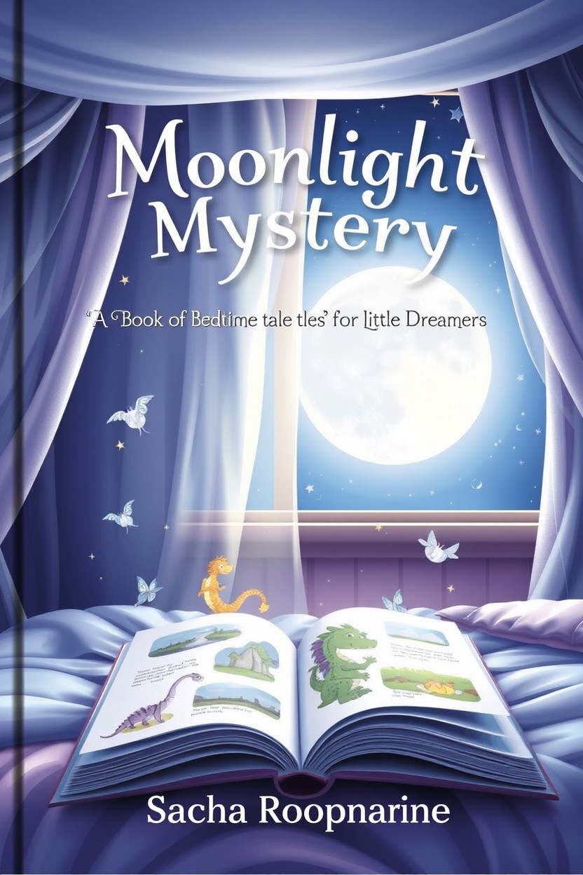 A serene and enchanting book cover for 'Moonlight Mystery: A Book of Bedtime Tales for Little Dreamers' by Sacha Roopnarine