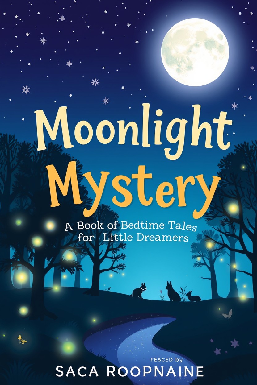 A whimsical children's book cover design titled 'Moonlight Mystery: A Book of Bedtime Tales for Little Dreamers' by Sacha Roopnarine