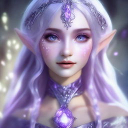 Conjure an image of a breathtaking elf girl with silver hair reflecting luminescent sheen. Her eyes glisten like amethysts projecting an enchanting, mysterious aura.