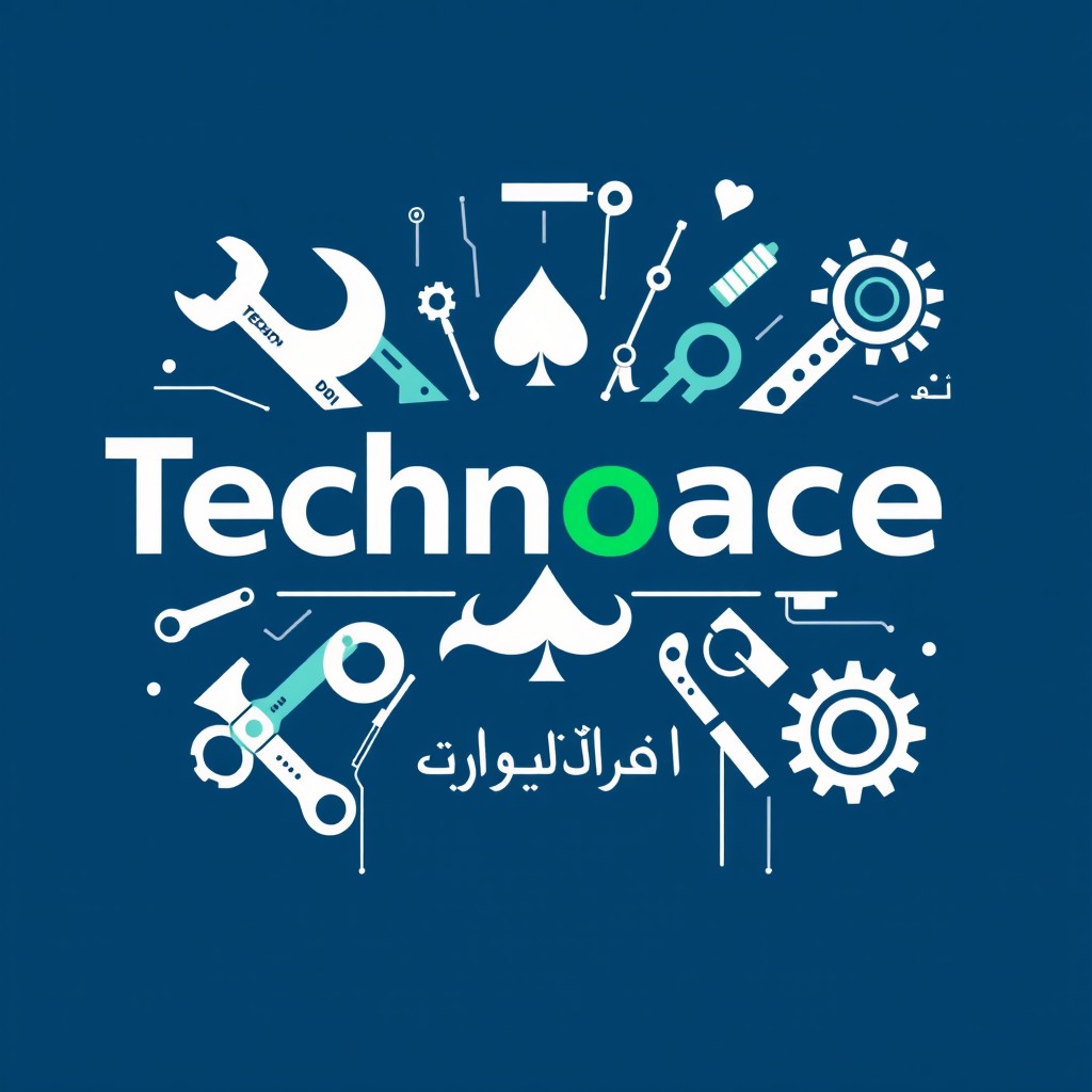 An artistic design featuring the text 'Technoace' prominently displayed, surrounded by various tools symbolizing technology and innovation, such as wrenches, gears, and circuit patterns