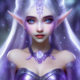 Conjure an image of a breathtaking elf girl with silver hair reflecting luminescent sheen. Her eyes glisten like amethysts projecting an enchanting, mysterious aura.