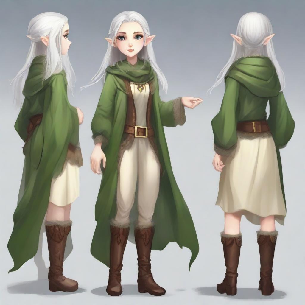 Revise the image of the mysterious elf girl. Now, her hair is an untamed platinum waterfall, and she is adorned in practical yet stylish travel attire, ready for an epic journey.