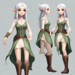 Revise the image of the mysterious elf girl. Now, her hair is an untamed platinum waterfall, and she is adorned in practical yet stylish travel attire, ready for an epic journey.