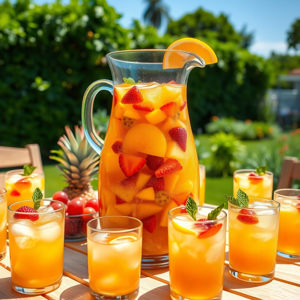 A beautifully arranged outdoor summer table decorated with a large pitcher of colorful tropical punch, brimming with chopped fresh fruits such as strawberries, mango, pineapple, apple, and grapes, complemented by floating slices of lemon and orange