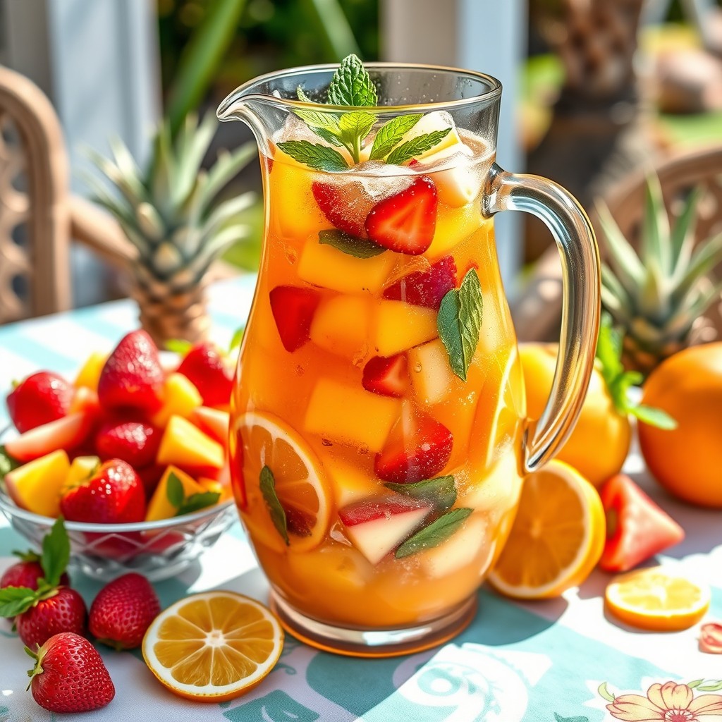 A summer outdoor table elegantly decorated with a large pitcher of colorful tropical punch, filled with chopped fresh fruits such as strawberries, mango, pineapple, apple, and grapes, along with floating slices of lemon and orange