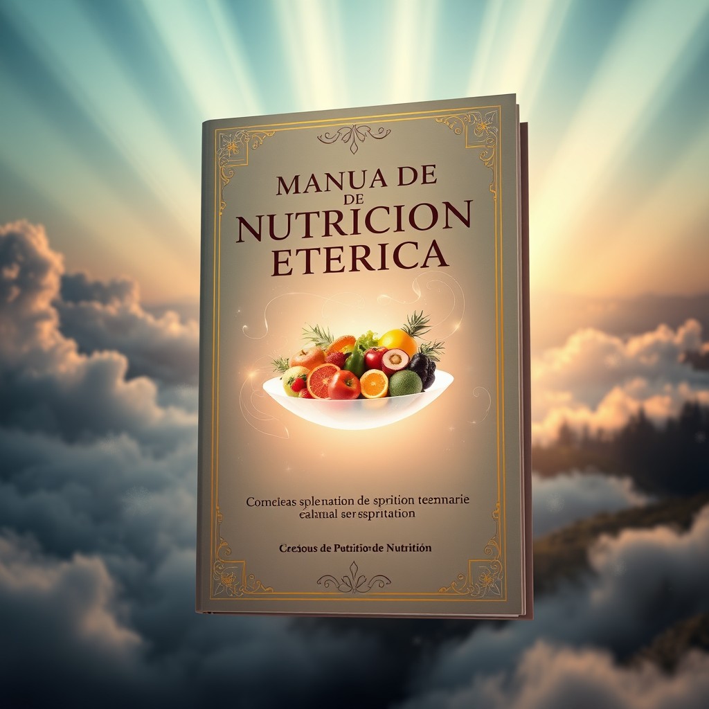 An ethereal nutrition manual titled 'Manual de Nutrición Etérica' floating in a mystical environment