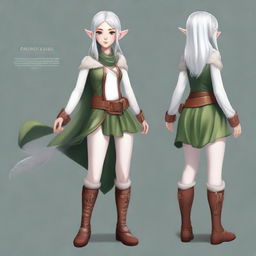 Revise the image of the mysterious elf girl. Now, her hair is an untamed platinum waterfall, and she is adorned in practical yet stylish travel attire, ready for an epic journey.