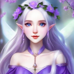 Modify the image of the elf girl with white hair and travel clothes. Change her eye color to a vivid violet, adding an ethereal and magical quality to her already enchanting appearance.