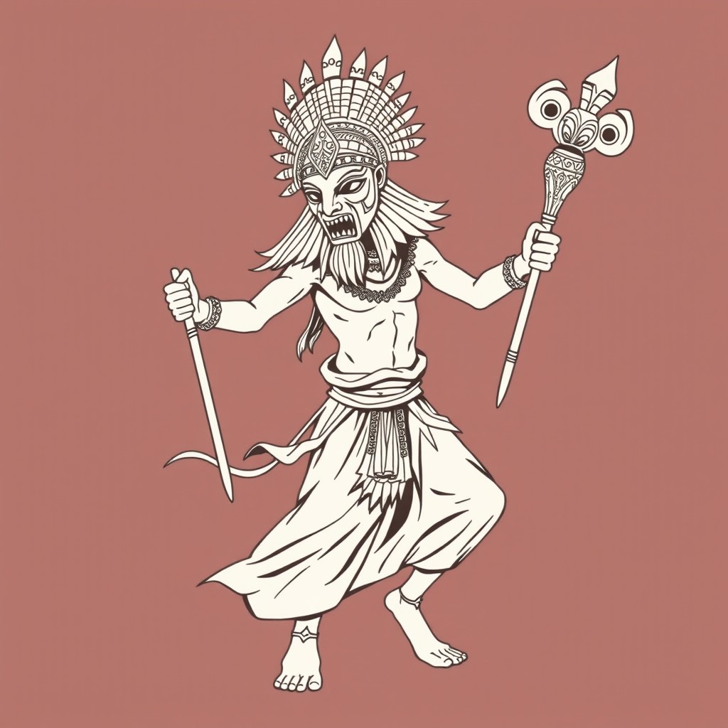 A shaman wearing a traditional ritual mask dances wildly, showcasing a dynamic and energetic pose