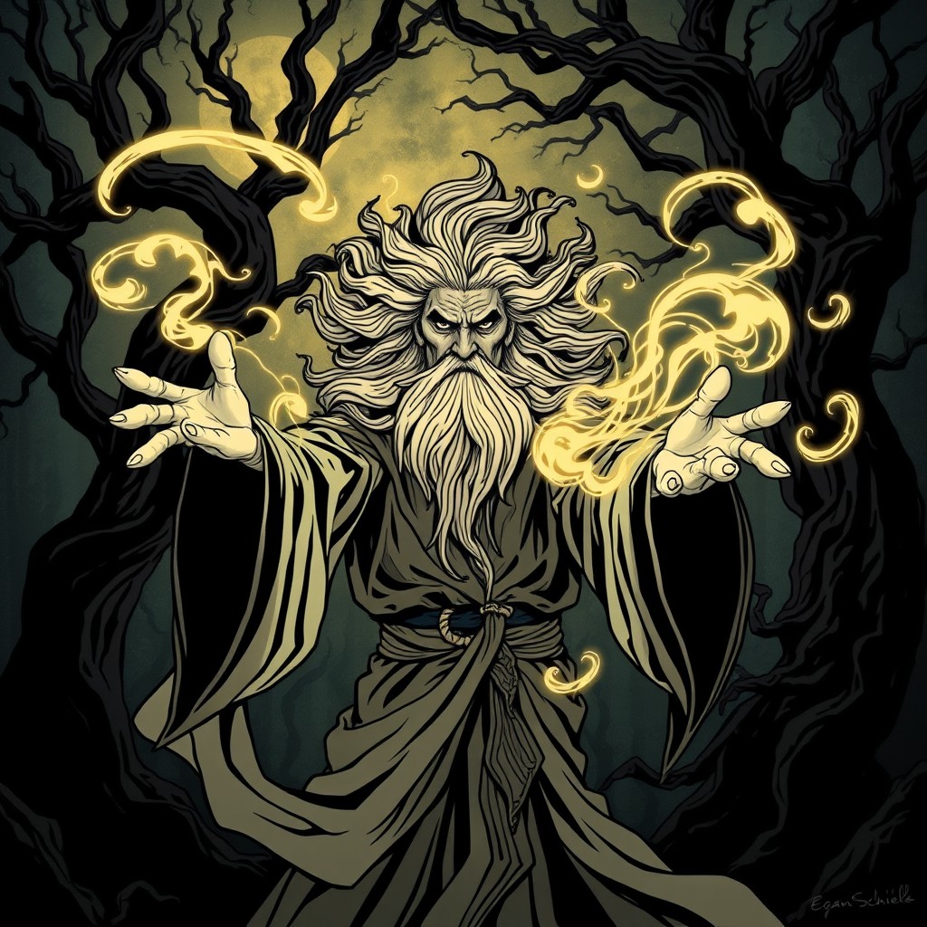 A powerful wizard in an Egan Schiele style, casting a mesmerizing spell