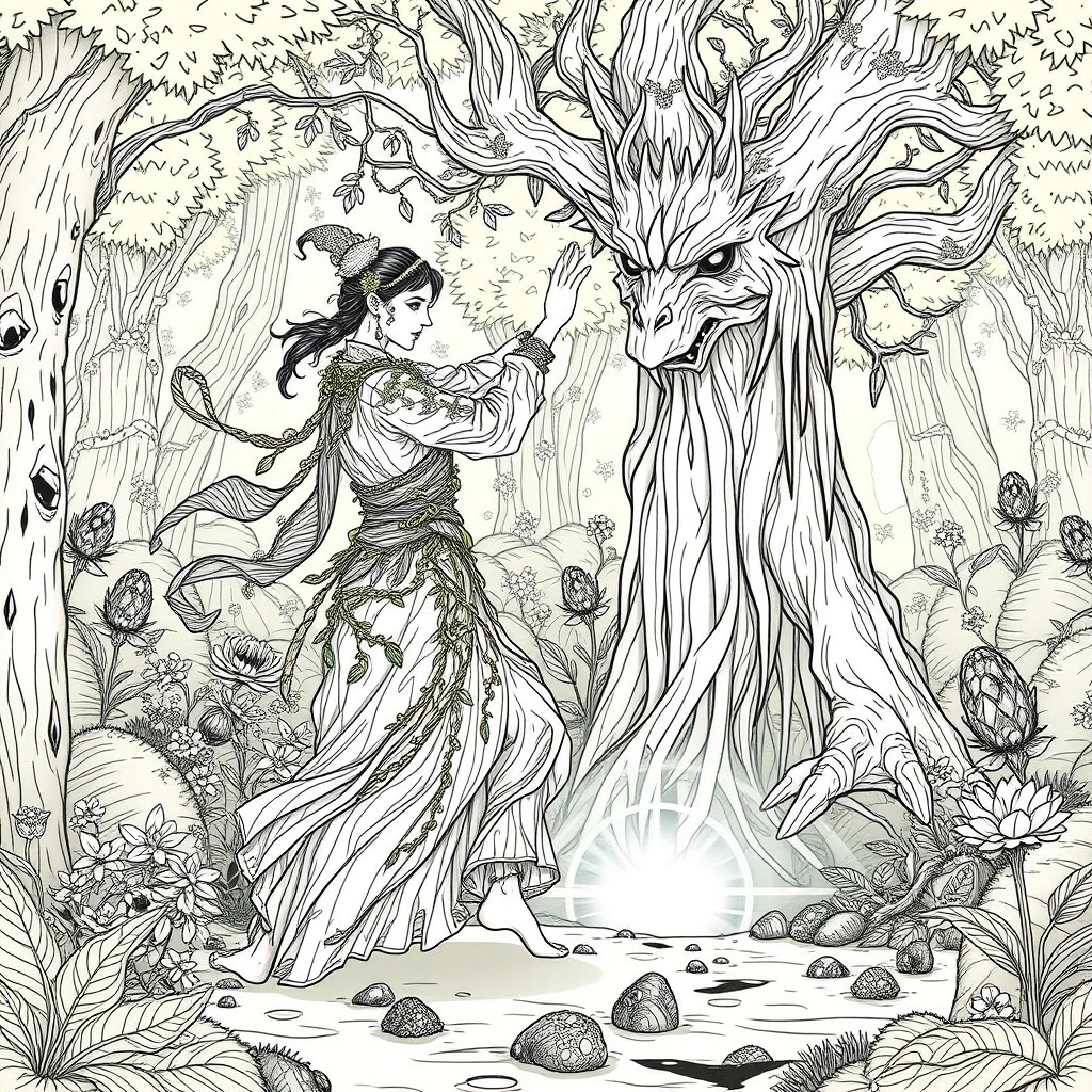 A high fantasy scene depicting a nature priest performing an intricate dance to summon a mystical tree defender, surrounded by a lush forest setting