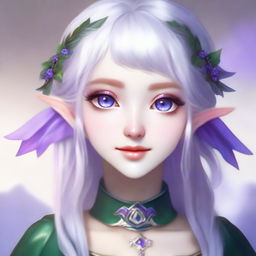 Modify the image of the elf girl with white hair and travel clothes. Change her eye color to a vivid violet, adding an ethereal and magical quality to her already enchanting appearance.