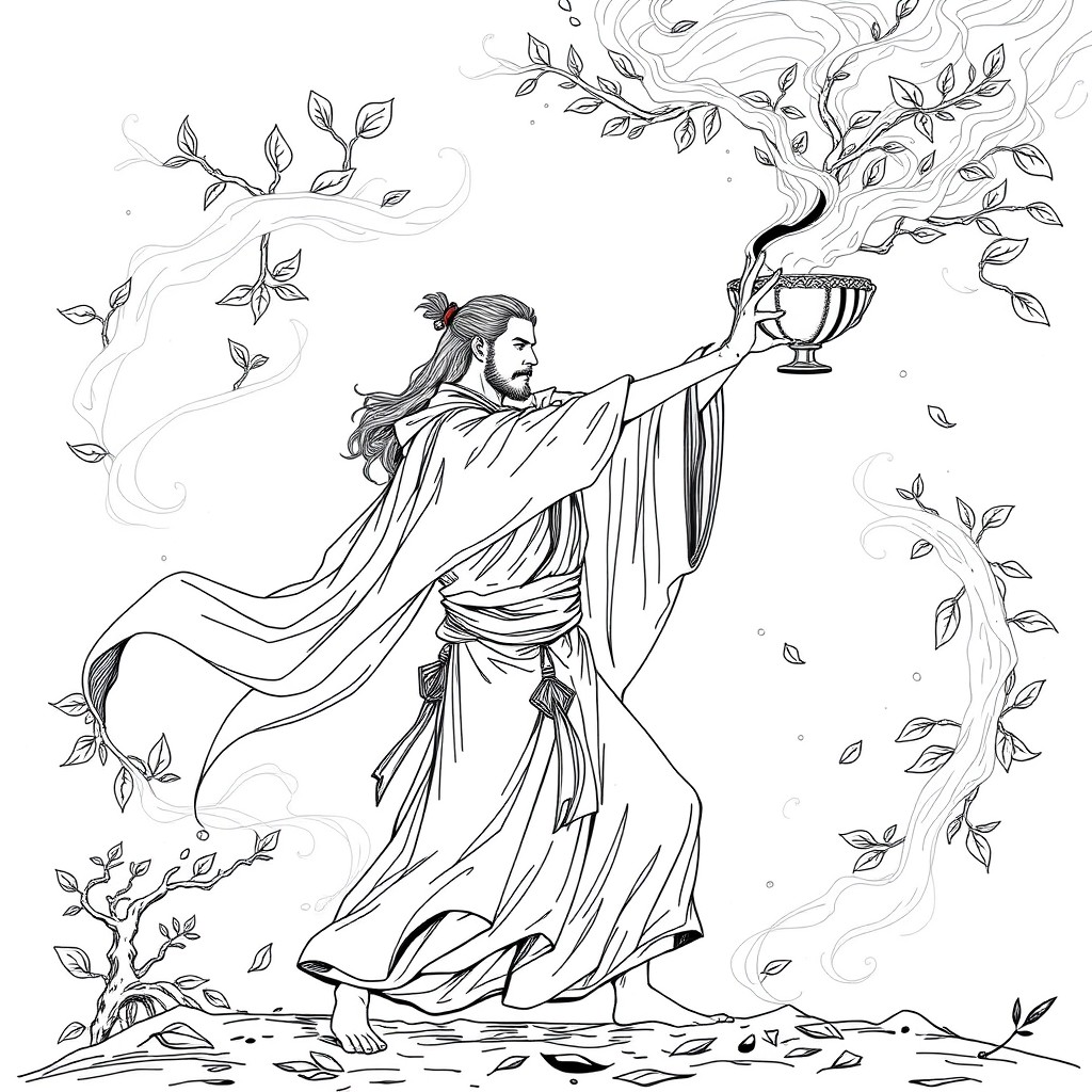 A long-fingered male Druid priest gracefully swinging a censer, performing an intricate dance to summon a mystical tree defender
