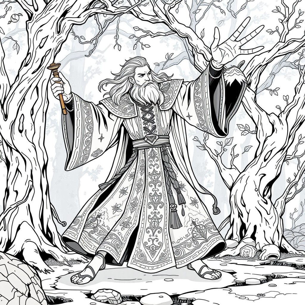 A long-fingered male Druid priest dressed in ornate, sacred robes, dynamically swinging a censor as he dances to summon a tree monster