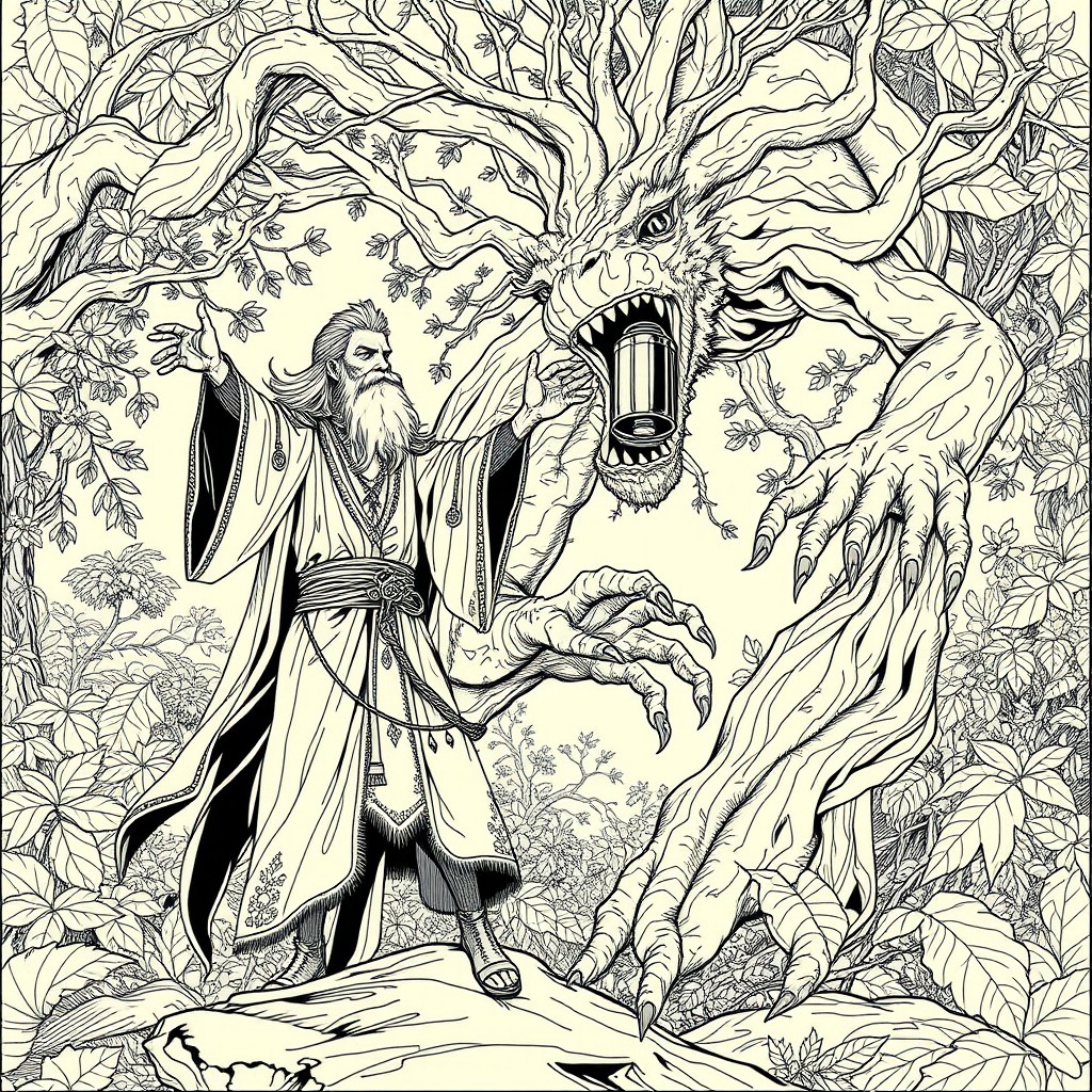 A long-fingered male Druid priest wearing flowing sacred robes, expertly swinging a censer as he conjures a majestic tree monster