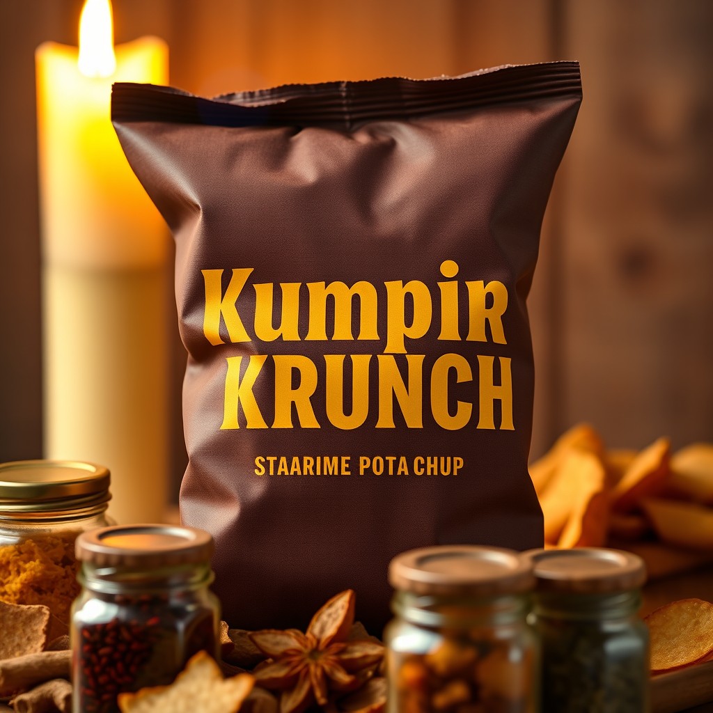 A rustic potato skin chip wrapper titled 'Kumpir Krunch', featuring a bold Turkish serif font in mustard yellow