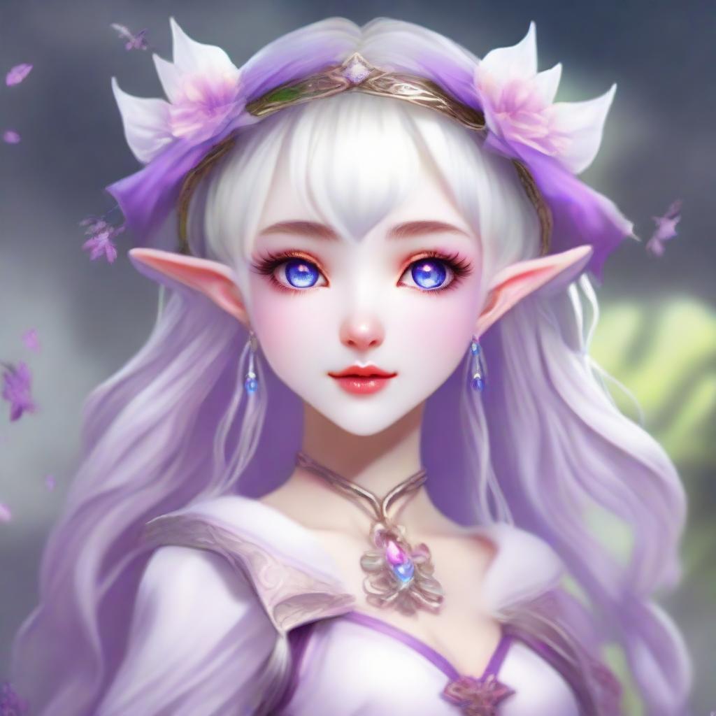 Modify the image of the elf girl with white hair and travel clothes. Change her eye color to a vivid violet, adding an ethereal and magical quality to her already enchanting appearance.