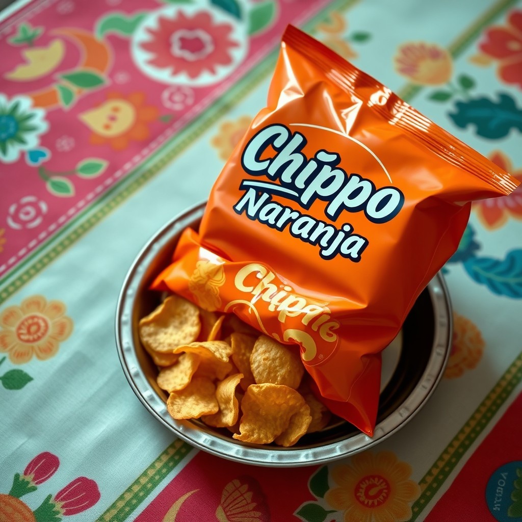 An orange chip snack bag with the label 'Chippo Naranja' printed in a retro Mexican poster-style font