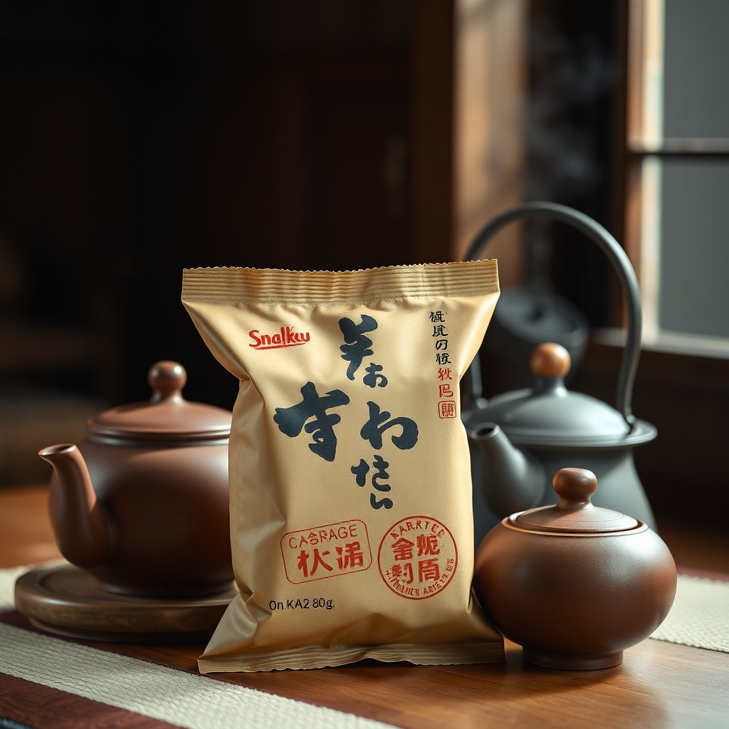 A Japanese karaage snack bag labeled 'Snakku Karaage', with a soft brown package featuring hand-drawn font and edge curling