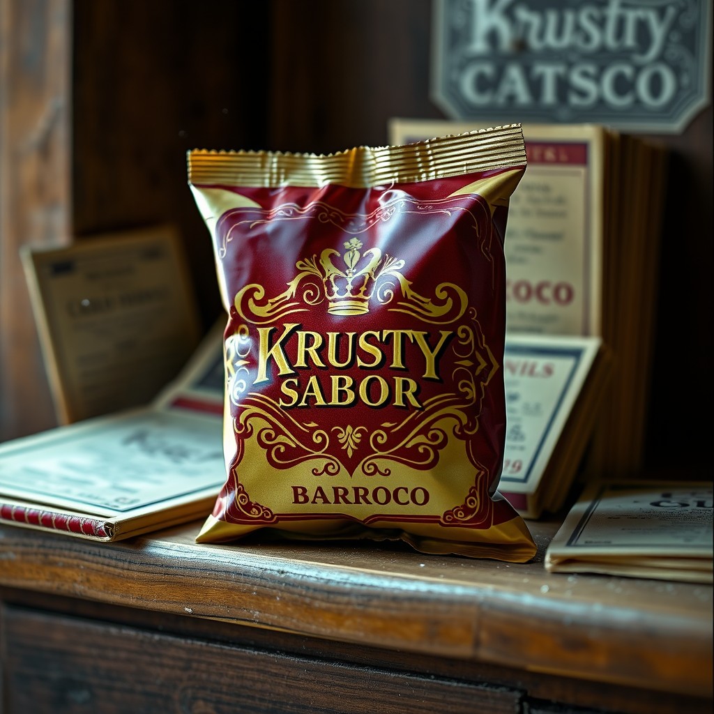 A beautifully designed snack in a glossy wrapper labeled 'Krusty Sabor Barroco', featuring an ornate logo in rich burgundy and gold colors