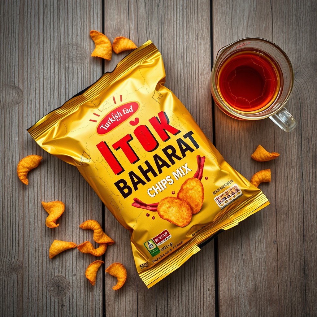 A visually appealing flat lay of a Turkish-style spicy chip mix called Çıtır Baharat