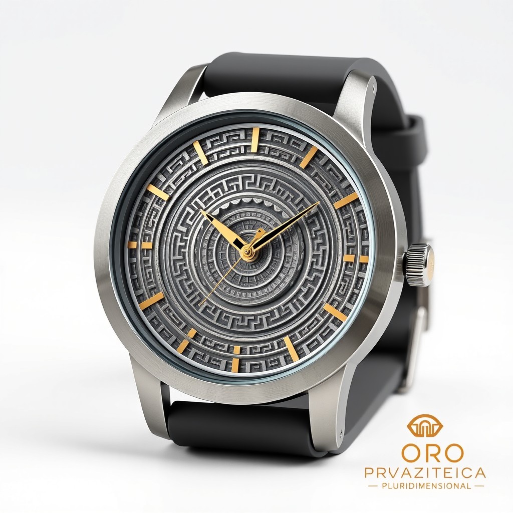 A sleek and elegant watch design named 'Reloj Esencia Prehispánica', featuring a round face engraved with intricate geometric patterns inspired by Aztec architecture