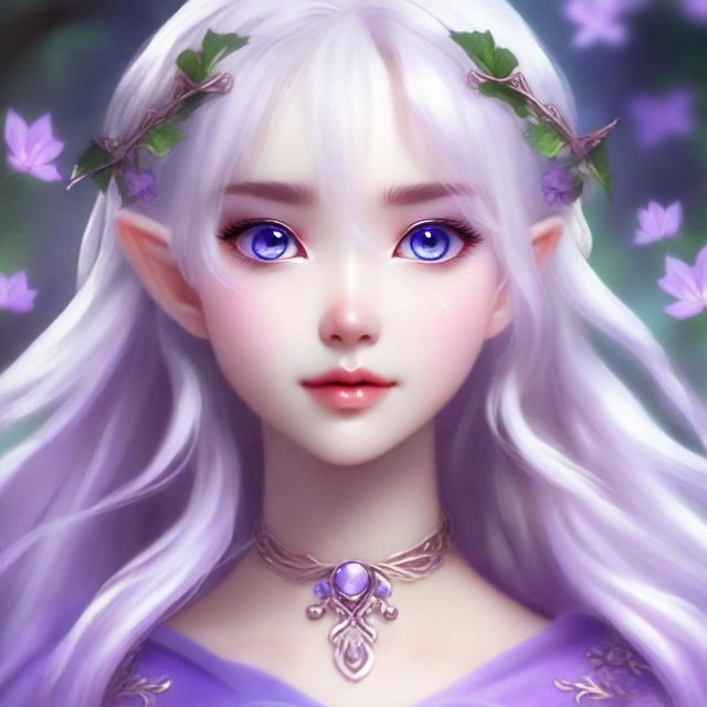 Modify the image of the elf girl with white hair and travel clothes. Change her eye color to a vivid violet, adding an ethereal and magical quality to her already enchanting appearance.