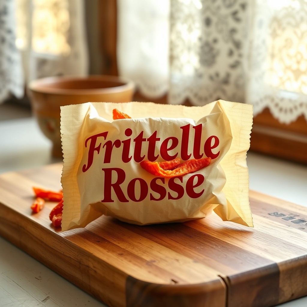 An old-fashioned crispy red pepper snack in a wrinkled paper wrapper, prominently labeled 'Frittelle Rosse' in elegant Italian serif font in faded crimson