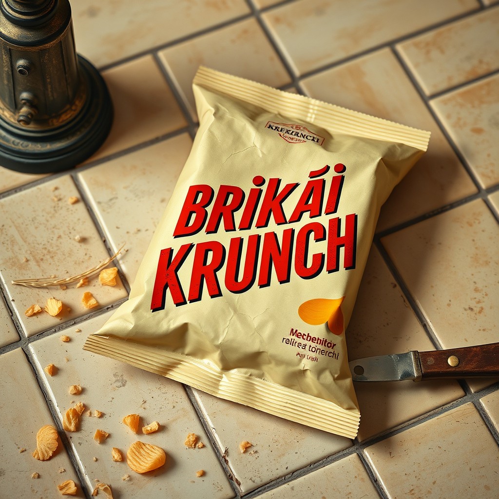 An artistic representation of an Eastern European-style wheat chip package labeled 'Brikži Krunch', featuring bold Slavic typography on a cracked wax-paper wrapper