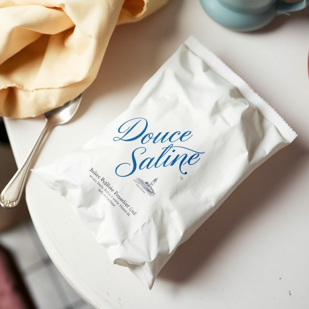 An elegant sea-salt puffed snack bag titled 'Douce Saline', featuring faded blue cursive lettering with a small lighthouse illustration