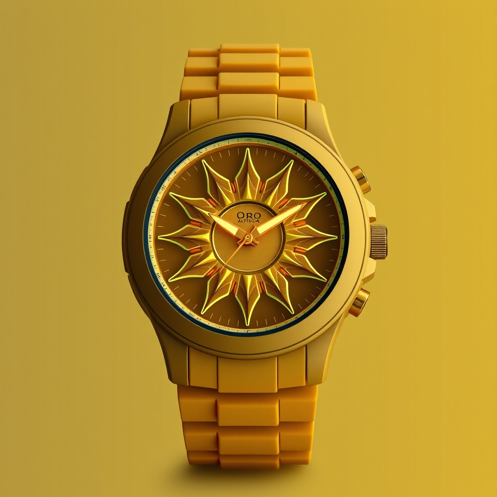 Solar elemental watch design featuring a sun-inspired dial embellished with satin gold details