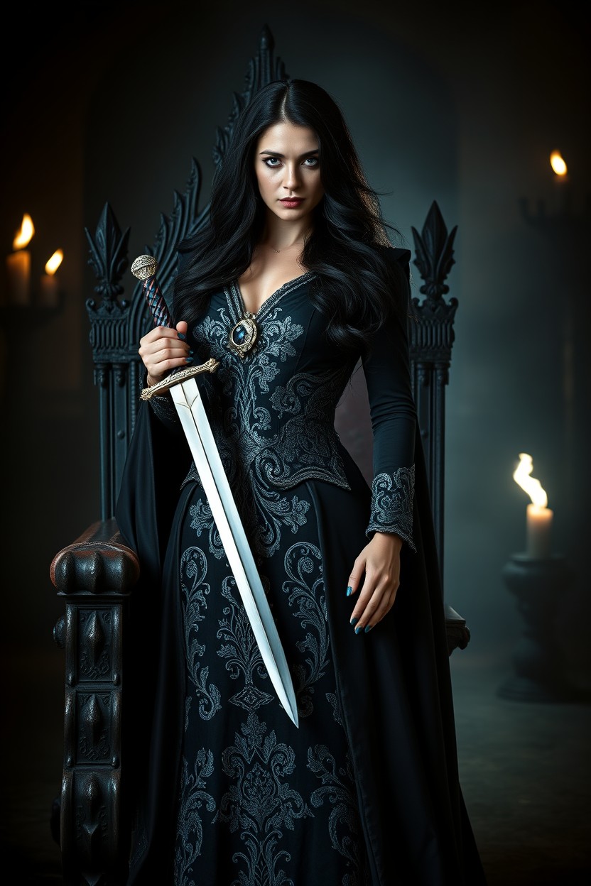 A powerful woman standing boldly on a darkened throne, symbolizing revenge and empowerment