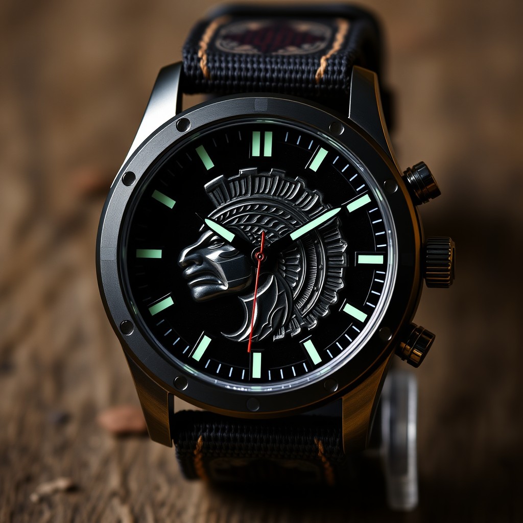 A sleek and sophisticated watch featuring a raised emblem of an Aztec warrior, designed with a sturdy aluminum case that is lightweight and impact-resistant
