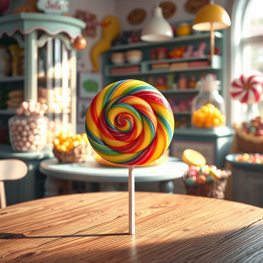 An ultra-detailed 1950s rainbow swirl lollipop placed on a rustic wooden table, illuminated by soft morning light