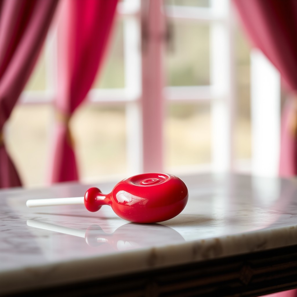 A close-up shot of a glossy vintage red lollipop resting elegantly on an old marble-top Victorian table