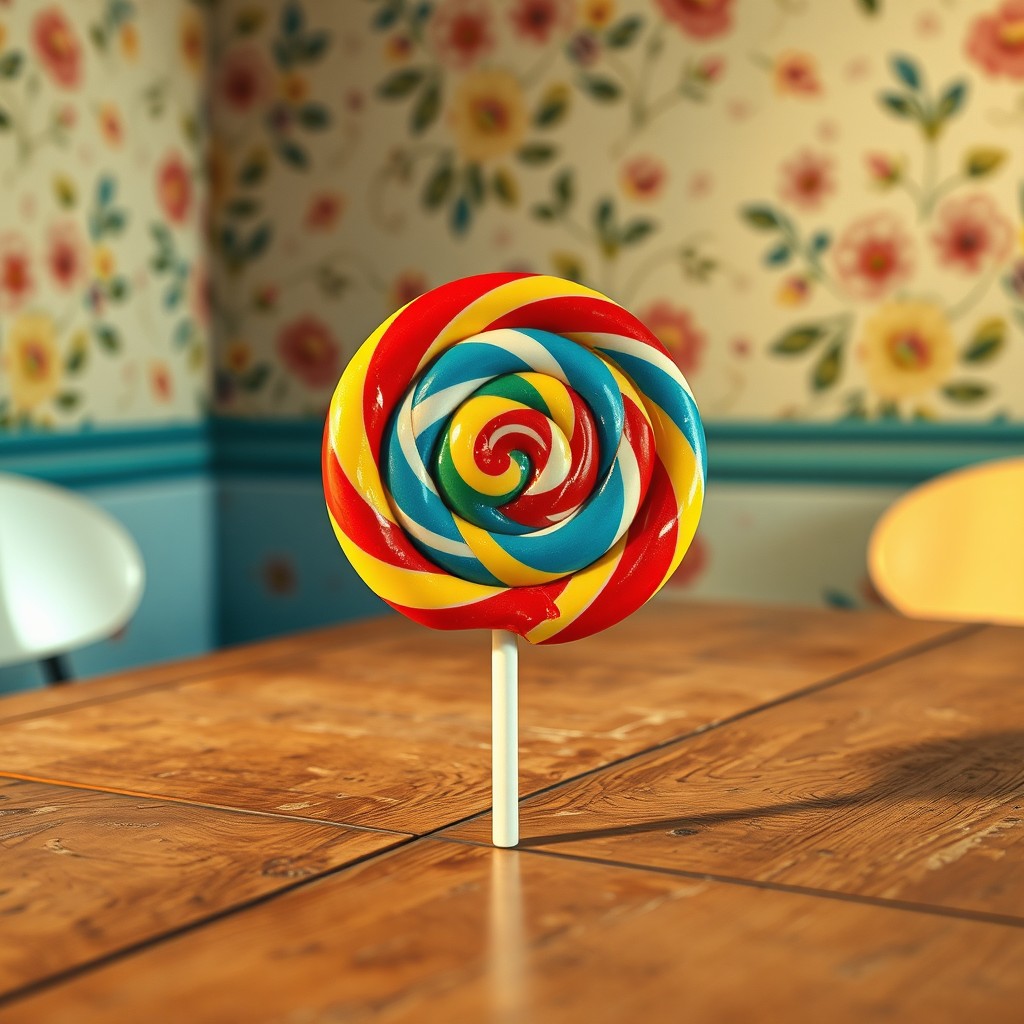 A colorful spiral lollipop resting on a chipped-painted wooden table, featuring an intricate design of vibrant colors including red, blue, yellow, and green swirls