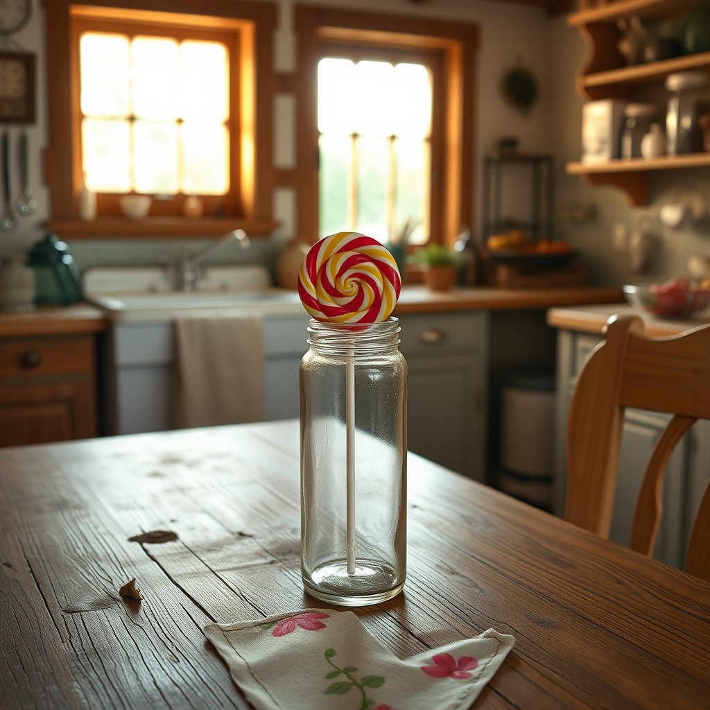 An old-fashioned candy lollipop in a glass jar, elegantly displayed on a vintage oak table