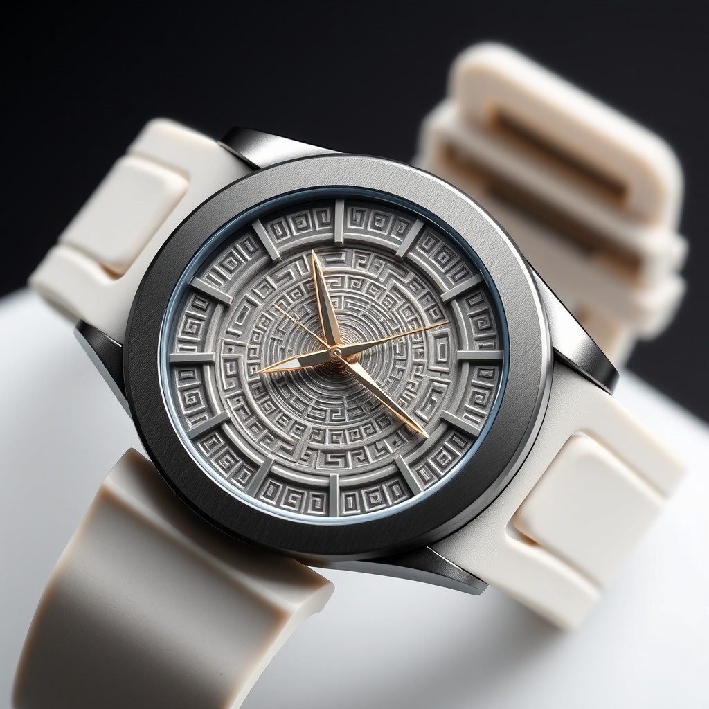 A stylish watch design called 'Reloj Esencia Prehispánica', featuring a dial with engraved geometric patterns inspired by Aztec architecture