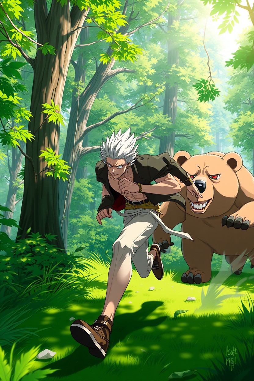 A white-haired male anime character with striking features and an intense expression, wearing a stylish outfit, is running through a lush green forest