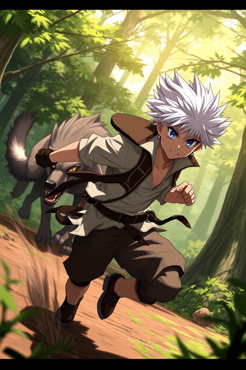 A dynamic action scene featuring a white-haired male anime character with spiky hair, wearing a stylish and slightly tattered outfit, sprinting through a lush forest