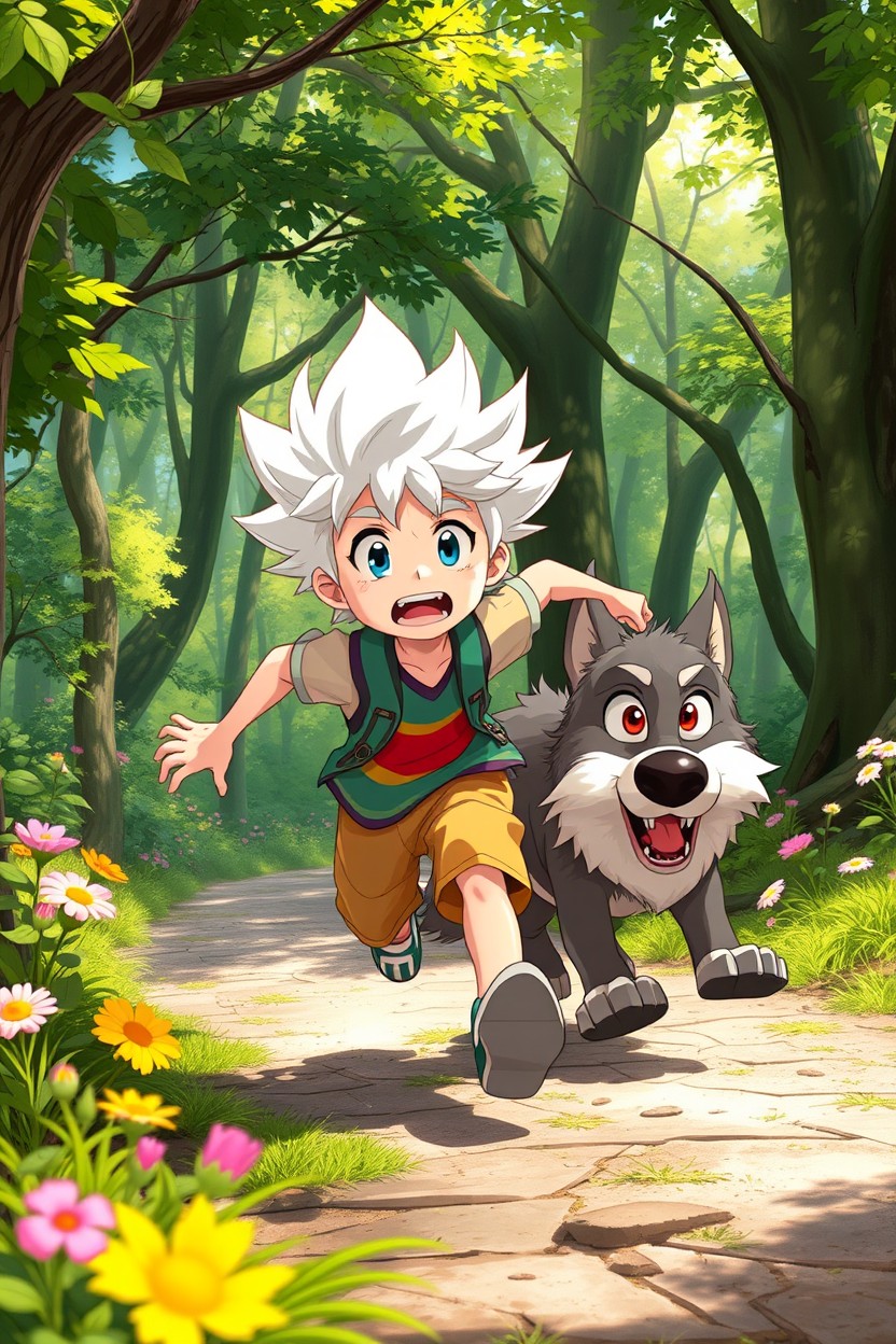 A dynamic scene featuring a white-haired anime boy with a fluffy hairstyle, energetically running through a vibrant forest