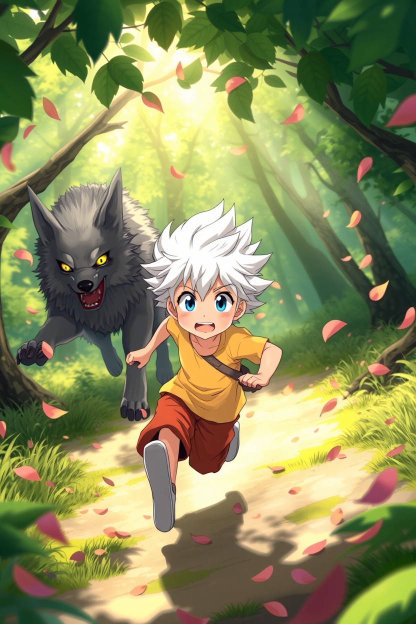A dynamic scene of a white-haired anime boy character with a fluffy hairstyle, energetically running through a vibrant forest