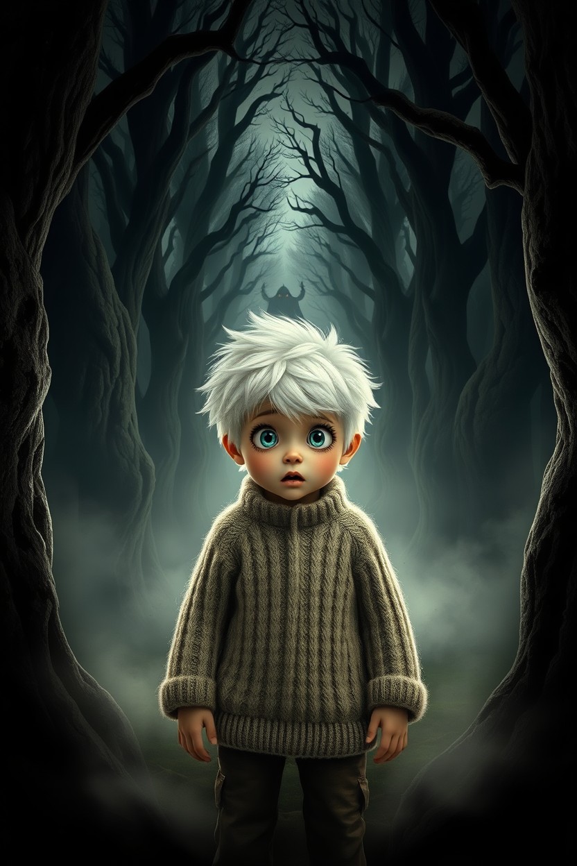 A dramatic scene of a white-haired little boy with fluffy hair, looking frightened as he stands in a dark, eerie forest