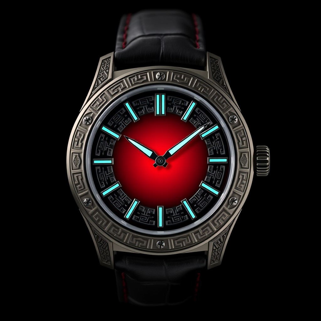A luxurious watch design called Reloj Sangre de Jaguar featuring a deep red to black gradient dial inspired by the powerful aura of a jaguar
