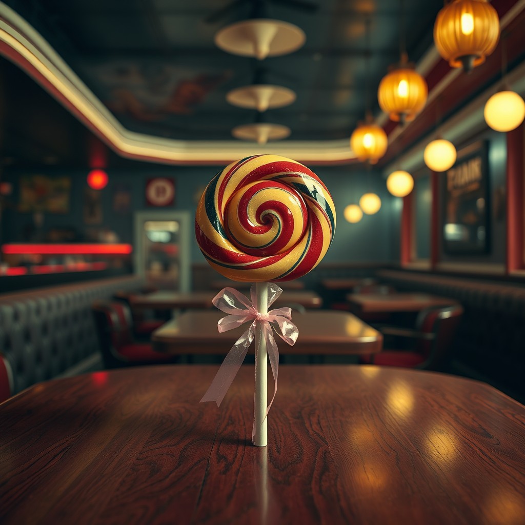 An oversized vintage lollipop with a shiny, colorful wrapper placed on a dark mahogany table