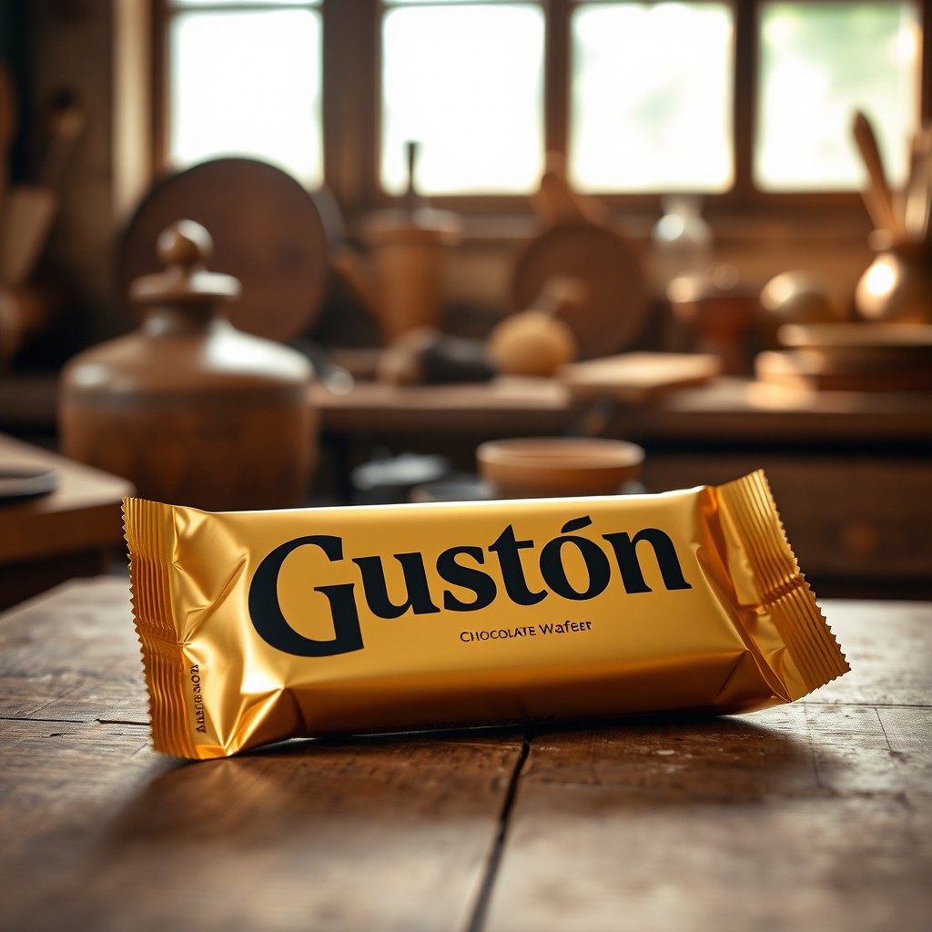 A super vintage European chocolate wafer snack named 'Gustón', presented in a matte gold packaging, resting on a rustic oak table