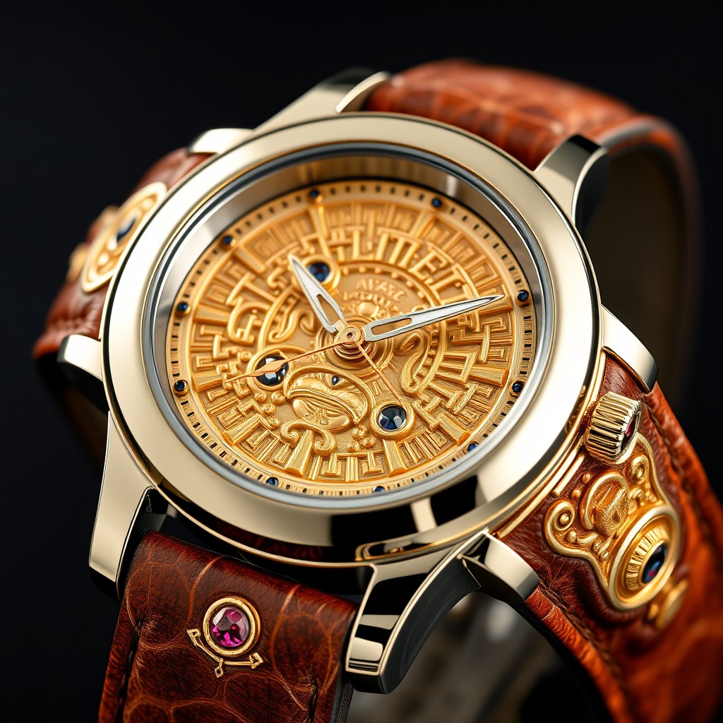 A premium watch design featuring a face embellished with pure 24k gold details and patterns inspired by Aztec deities, showcasing intricate and artistic elements