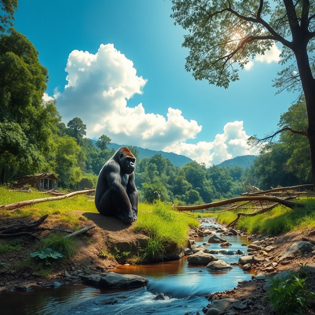A tranquil forest environment featuring a stunning gorilla sitting calmly by the edge of a gently flowing creek