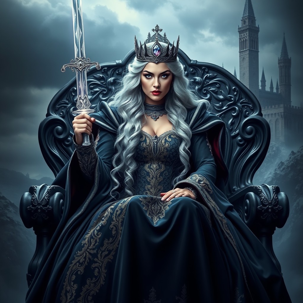 An imposing and fierce queen seated on a dark, ornate throne, signifying her reign of revenge