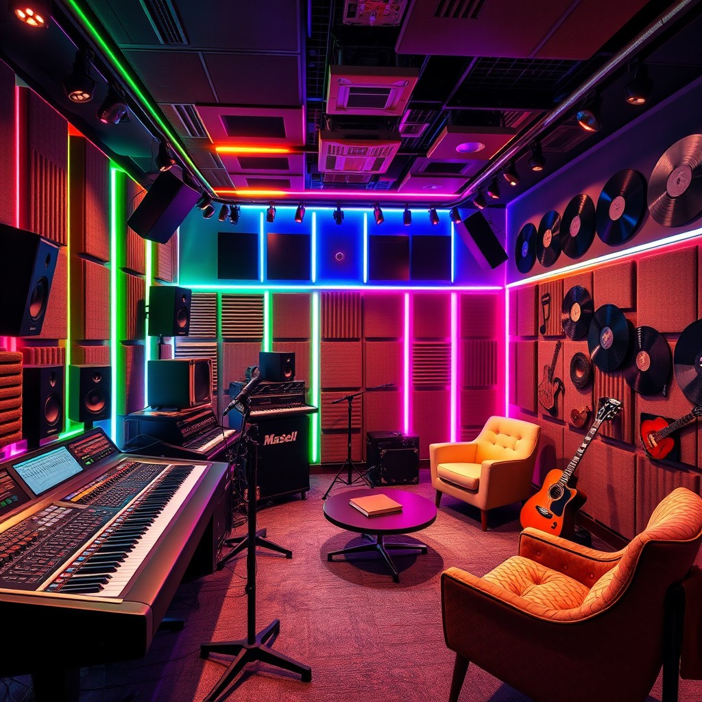 A vibrant and modern music studio background filled with professional audio equipment, including a mixing console, speakers, microphones, and instruments like guitars and keyboards